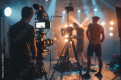 Film crew team with light man and cameraman working together with director in big studio, video production behind the scenes making of TV commercial movie