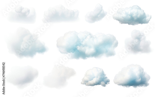Clusters of Cumulus Clouds Drifting in the Sky. A collection of fluffy white cumulus clouds floating through the sky. on a White or Clear Surface PNG Transparent Background.
