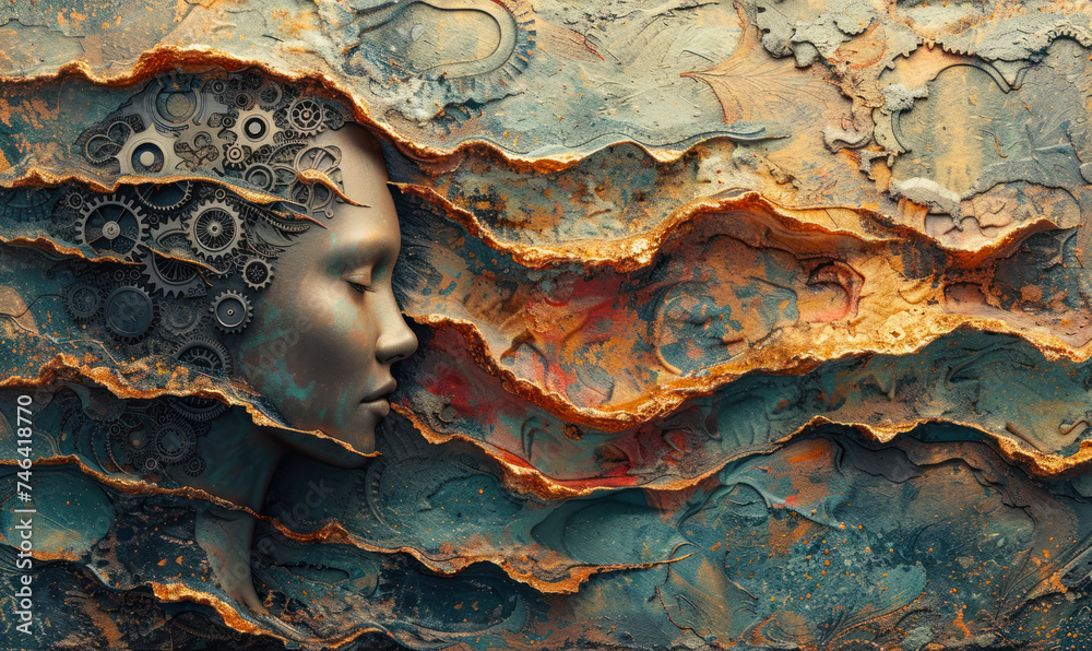 Artistic representation of a human profile with interlocking gears and cogs forming the brain, symbolizing innovation, creativity, and cognitive processes