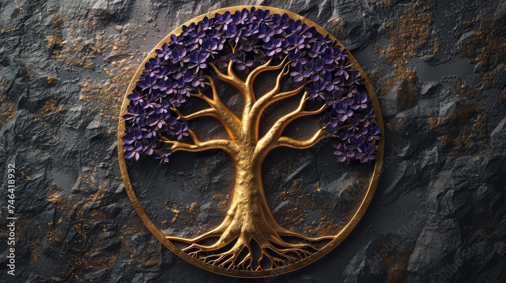 A gold tree of life with purple leaves on a stone background