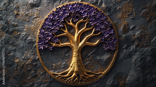 Obraz na płótnie A gold tree of life with purple leaves on a stone background w salonie