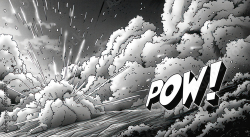 Classic comic book style POW! explosion bubble, with bold lettering and halftone dots, evoking action packed scenes and superhero narratives