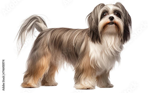 Brown and White Dog Standing. The dog appears alert and attentive, with ears perked up. Its fur is a mix of brown and white. on a White or Clear Surface PNG Transparent Background.