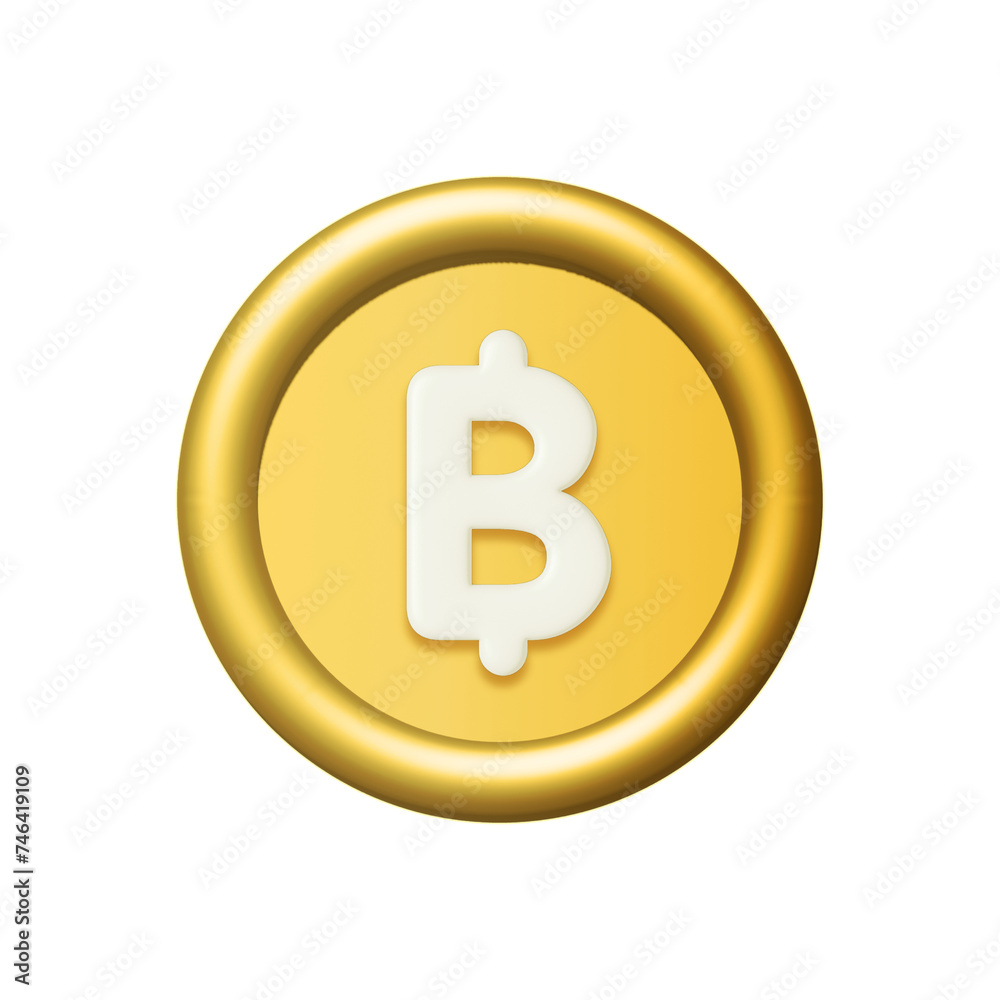 Obraz premium 3d gold bitcoin or thai baht coin isolated on white background. Design element illustration PNG.