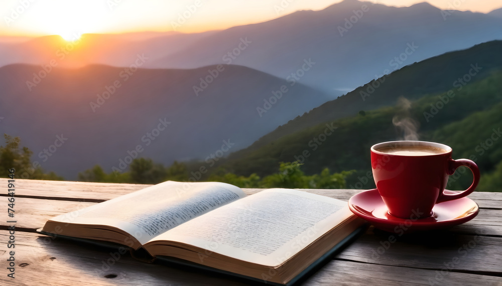 start the day with a book and coffee during sunrise, symbolizing the beginning of a new day filled with learning possibilities - obrazy, fototapety, plakaty 