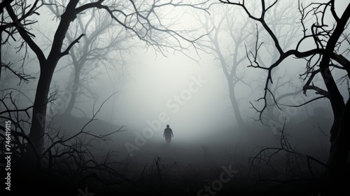 Ghostly halloween greetings card design featuring spooky spectral figure on blurred misty background