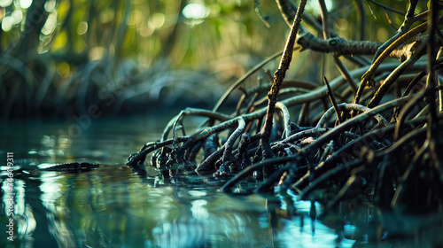 Detailed Shot of Mangrove Roots in the Florida Everglades, Displaying Root Structures. Concept of wetland ecosystems, mangrove forests, and coastal habitats photo