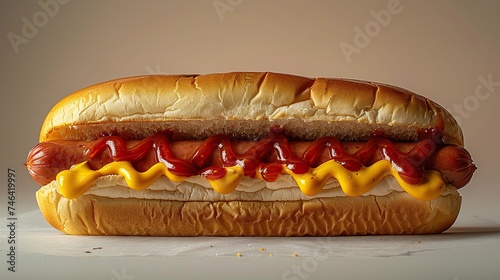 One Hot dog with mustard and ketchup closeup on minimalistic background. Created with Generative AI