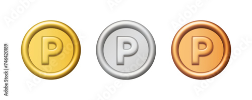 3d metal point coin and collectables in gold, silver, copper set isolated on white background. Design element illustration PNG.