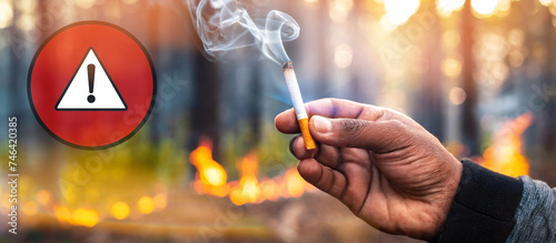 The hand holds a lit cigarette. Burnt forest in the background. Concept of arsonist, arson, fire, danger