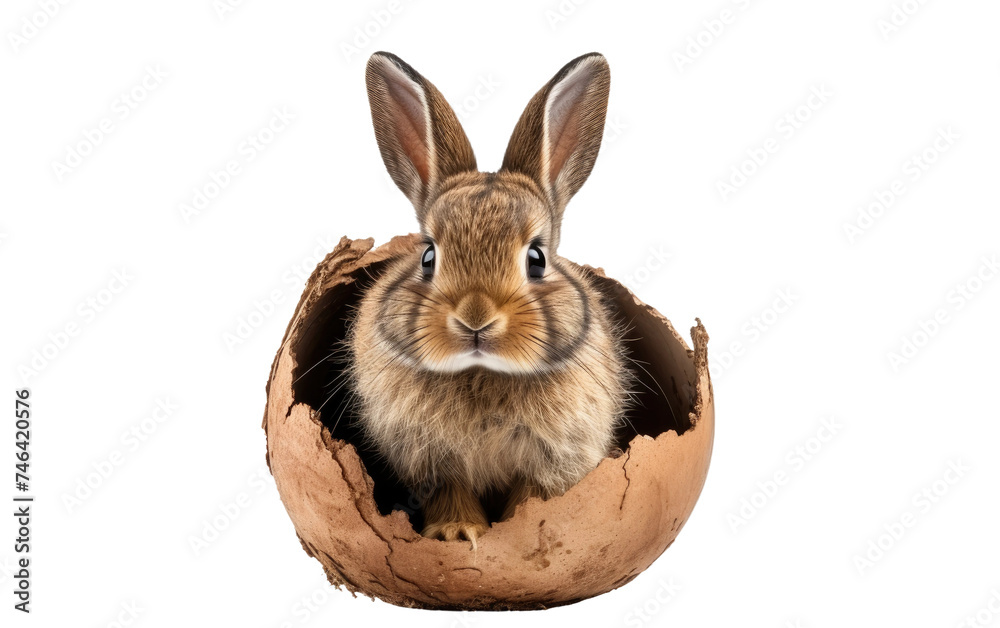 Obraz premium Rabbit Inside of an Egg Shell. The rabbit fluffy fur contrasts with the smooth, delicate egg shell. on a White or Clear Surface PNG Transparent Background.