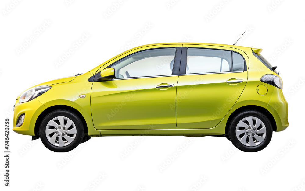 Small Yellow Car. A small yellow car is compact and brightly colored. Its wheels are visible, suggesting motion. on a White or Clear Surface PNG Transparent Background.