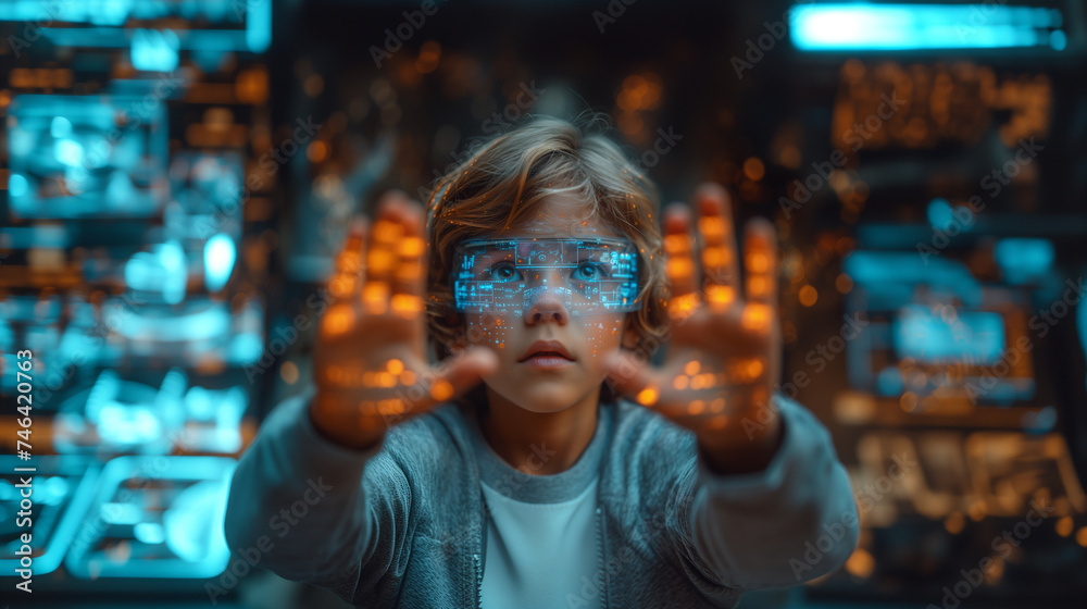 Future Learning Child Wears VR Glasses, Controls Hologram