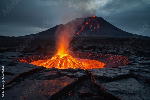 Raging magma erupting from the earth, with a massive volcano in the background