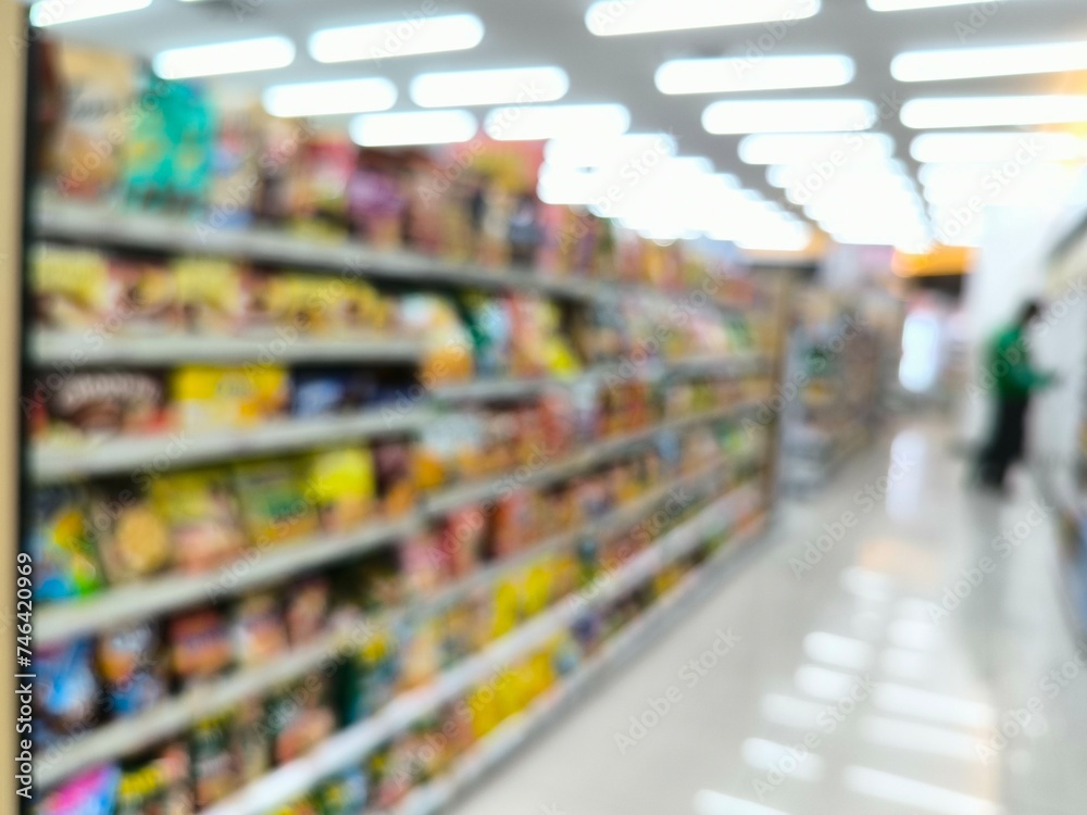 Blurred photo of display shelves at a mini market in Jakarta, Indonesia.