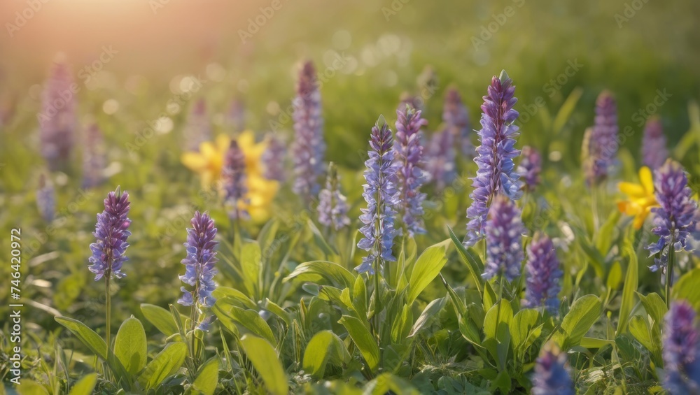 Obraz premium Closed up of a variety spring flowers blooming under a tranquil dreamy sun light in a spring morning