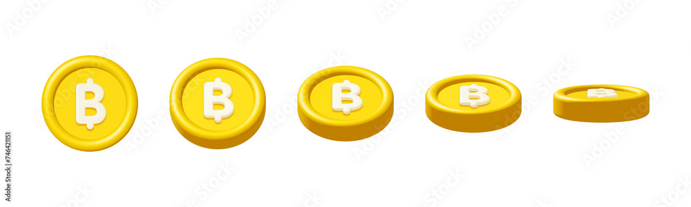 3d gold bitcoin or thai baht coins rotate isolated on white background. Design element illustration PNG. 3d gold bitcoin or thai baht coins rotate isolated on white background. Design element illustration PNG.