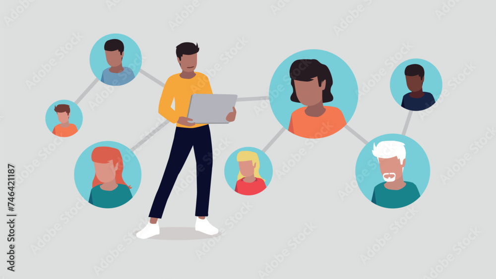 Vektor-Illustration eines Mannes, der in einem sozialen Netzwerk verbunden ist - soziales Netzwerk-Konzept Vektor-Illustration eines Mannes, der in einem sozialen Netzwerk verbunden ist - soziales Netzwerk-Konzept