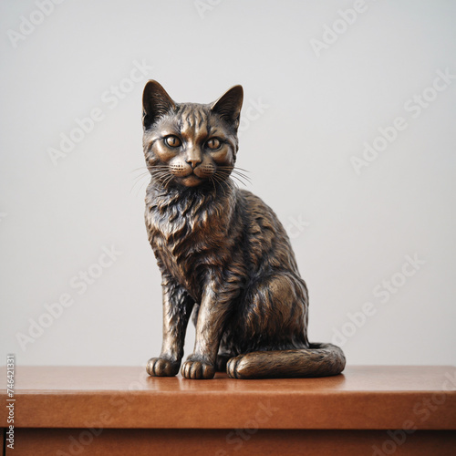 Bronze statuette of a cat, facing into camera on a wooden table, front view, blurred light gray solid background