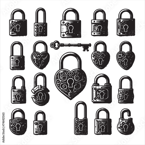 Silhouettes of vintage metal padlocks

