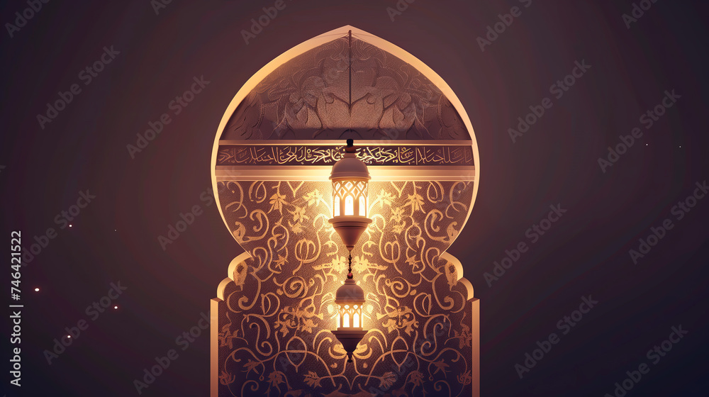 Illuminated lantern in ornate Islamic archway. Eid or Ramadan holiday background with copy space.