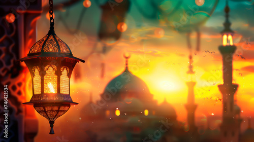 Ramadan lantern with mosque silhouette at sunset. Islamic and a Arabic style Wallpaper with copy space. 