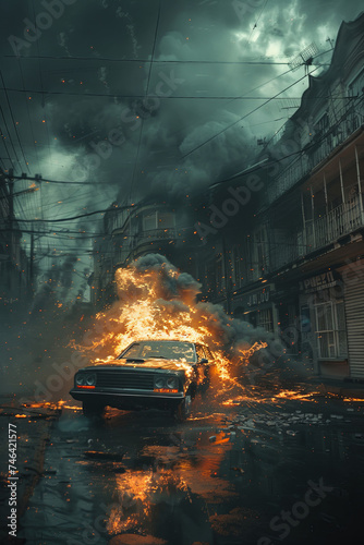 A burning car on a street