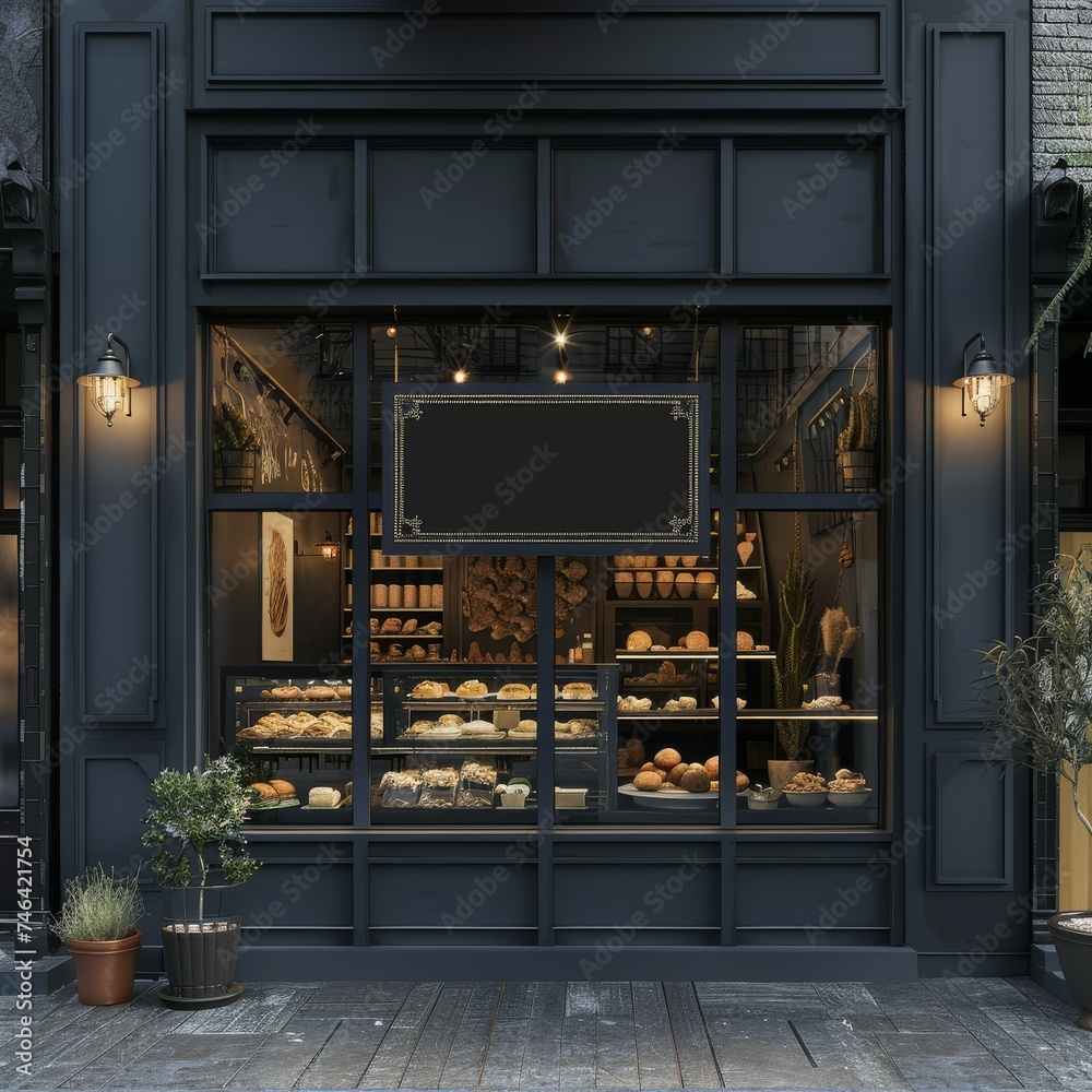 shows the exterior of a stylish, dark blue storefront, presumably of a bakery or cafe given the visible bread and pastries behind the large glass window. shows the exterior of a stylish, dark blue storefront, presumably of a bakery or cafe given the visible bread and pastries behind the large glass window.