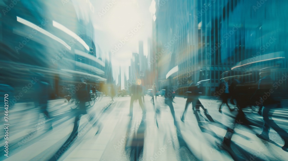 Blurred business people walking in the cityscape, panoramic view of people crossing the road