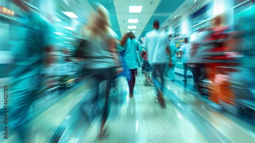 Blurred motion of diverse doctors and medical staff in busy hospital corridor, copy space. Hospital, medical, and healthcare services.
