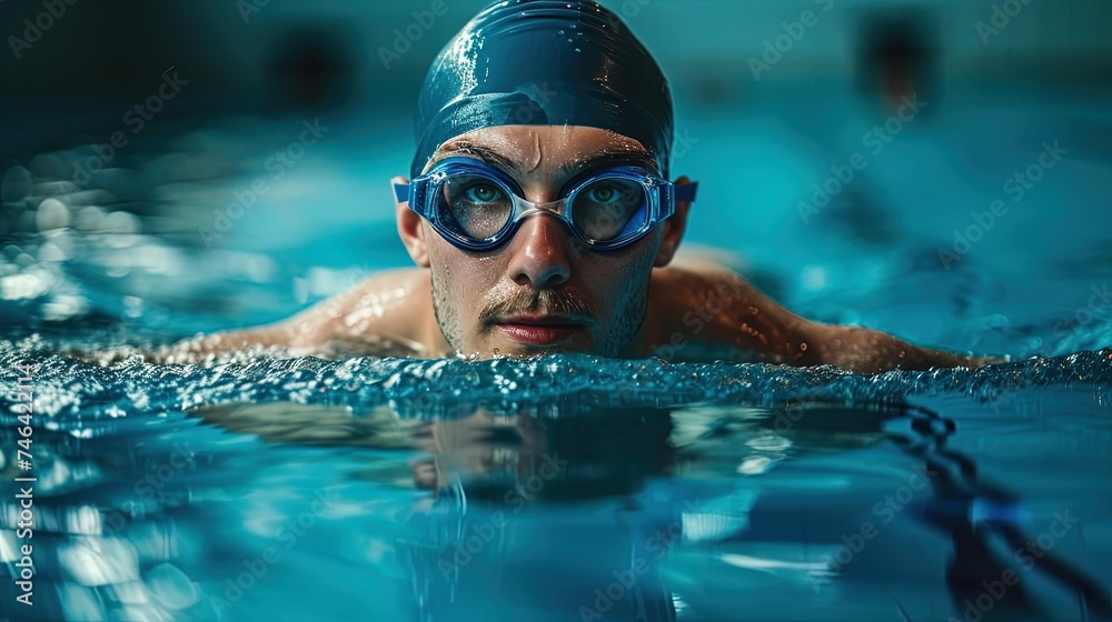 Naklejka premium Male swimmer in goggles and a rubber cap glides through the pool water, man in the pool