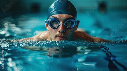 Male swimmer in goggles and a rubber cap glides through the pool water, man in the pool