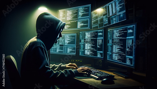 A hooded figure sits in front of multiple computer monitors photo