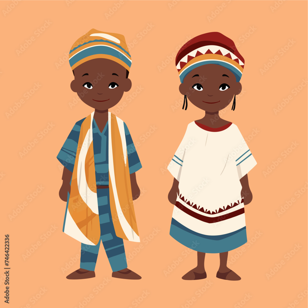 vector flat african couple children with traditional costume