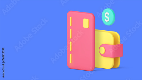 Money savings salary profit wallet card coin cash money banner copy space 3d icon realistic vector
