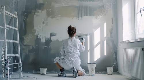 House painter woman in uniform, skillfully paints a wall in an apartment using a roller, showcasing craftsmanship and home improvement