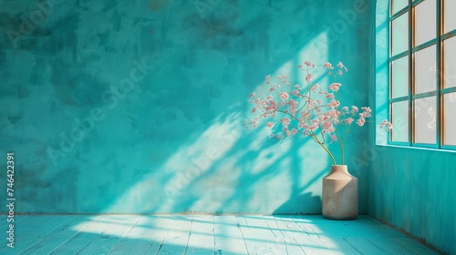 Cherry blossom pots and emerald green wall. Aqua blue wall background. Generative AI