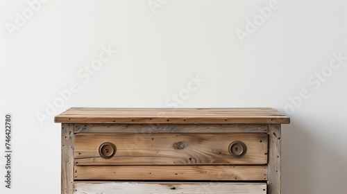 Minimalist interior white wall background. A modern interior with a wooden chest of drawers. Generative AI