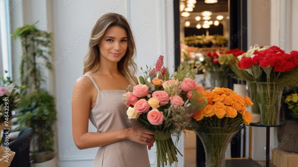 Portrait of beautiful young florist in stylish flower shop