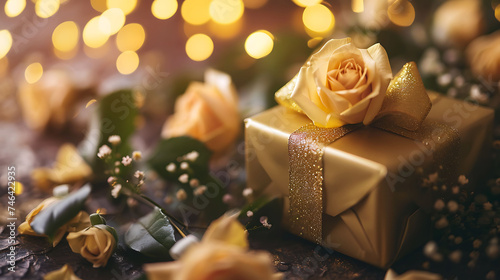 Golden gift resting on roses