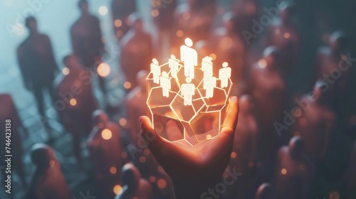 HR requirement . Abstract 3d human hand hold leader icon in hexagon on top of people pyramid. Manage human resources, team leader, recruitment process, change personnel, career growth, leadership #746423138