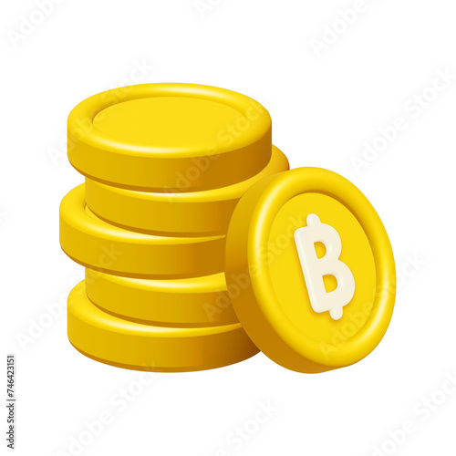 3d stack of bitcoins or gold thai baht coins isolated on white background. Design element illustration PNG.