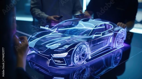 Car design engineers using holographic. Develop modern innovative high-tech cutting edge eco-friendly electric car with sustainable standard, automotive, automobile, transportation.