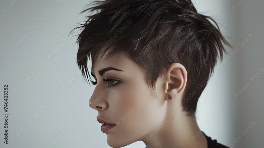 Short style hair for women. A beautiful hairstyle matches a beautiful face and gives a woman a cool modern look. Generative AI Short style hair for women. A beautiful hairstyle matches a beautiful face and gives a woman a cool modern look. Generative AI