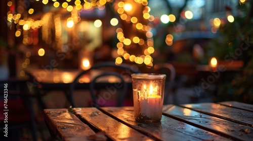 Lit up candle at an outdoor table of a restaurant in winter  cosy atmosphere  selective focus  bokeh  decorative  celebration  holiday  light  festive