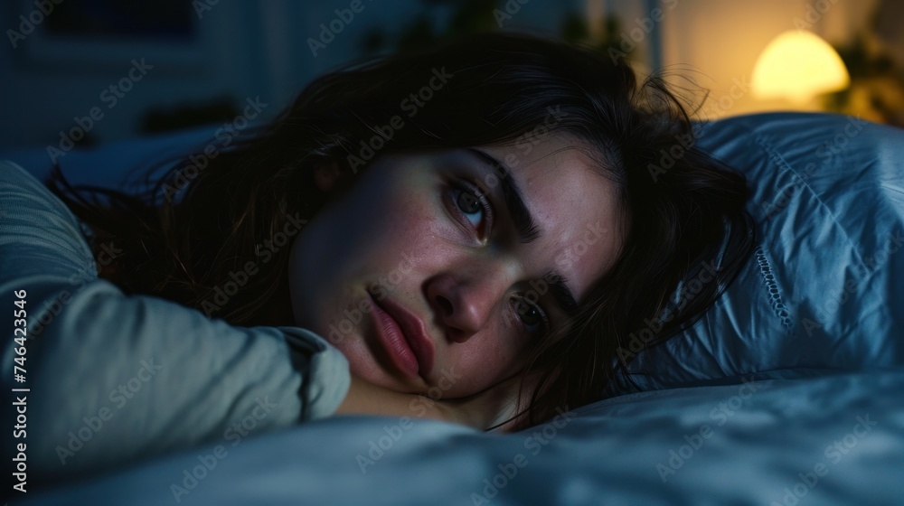 woman in bed late trying to sleep suffering insomnia, sleepless or scared in a nightmare, looking sad worried and stressed. Tired and headache or migraine waking up in the middle of the night.