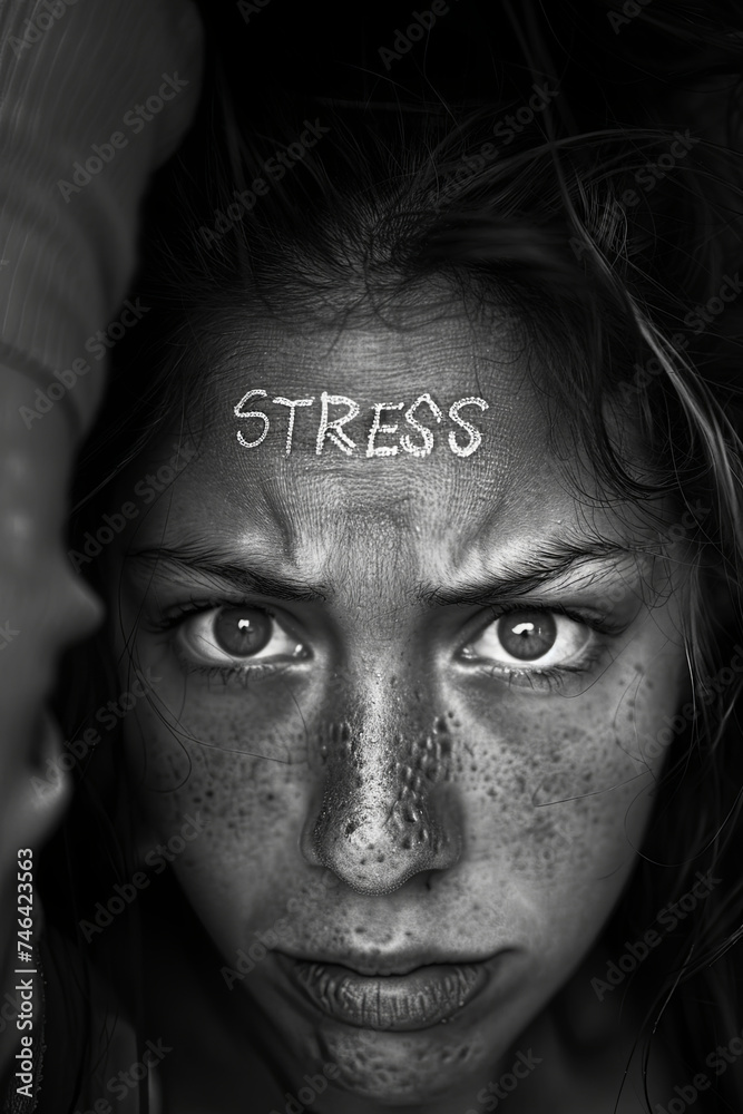 A woman with the text Stress on her forehead