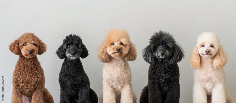 Four poodles, a breed of dog known for their curly fur and playful nature, are sitting in a neat row. They are in a photo studio with a white backdrop, looking adorable and well-behaved. Four poodles, a breed of dog known for their curly fur and playful nature, are sitting in a neat row. They are in a photo studio with a white backdrop, looking adorable and well-behaved.