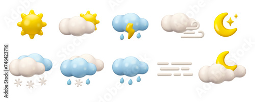 Vector 3d weather icon set. Cartoon render illustration isolated on white background. Sun, clouds, moon and rain. Snowy or foggy day emblem