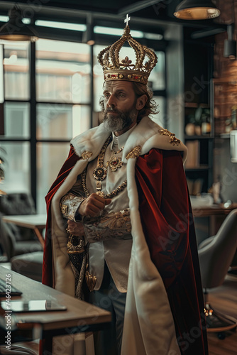 A man dresses up as a king in an office